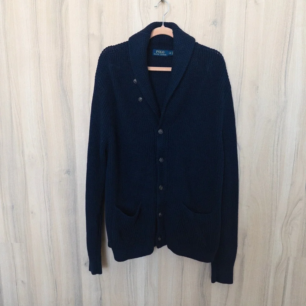 Polo Ralph Lauren Men Cardigan Large Navy Shawl Collar Heavy Fisherman Old Money